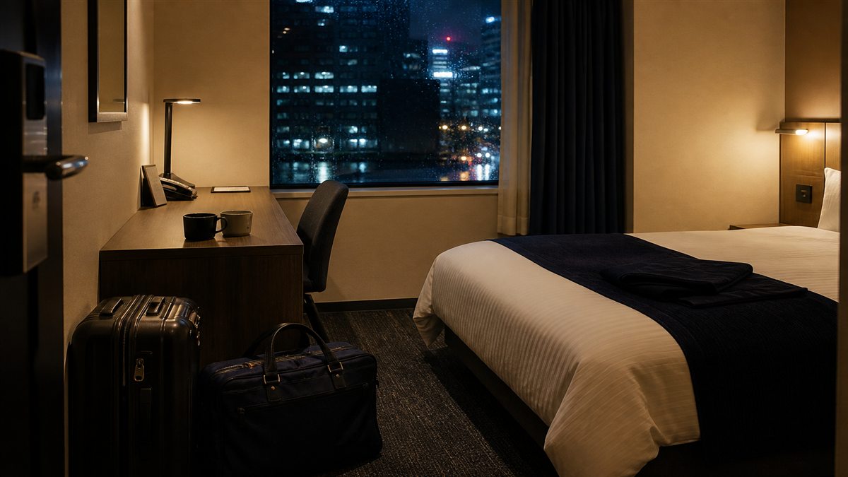 二つの旅行鞄とカップが置かれた夜のビジネスホテル