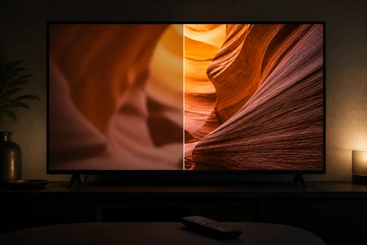 画質の違いを見比べるテレビ画面