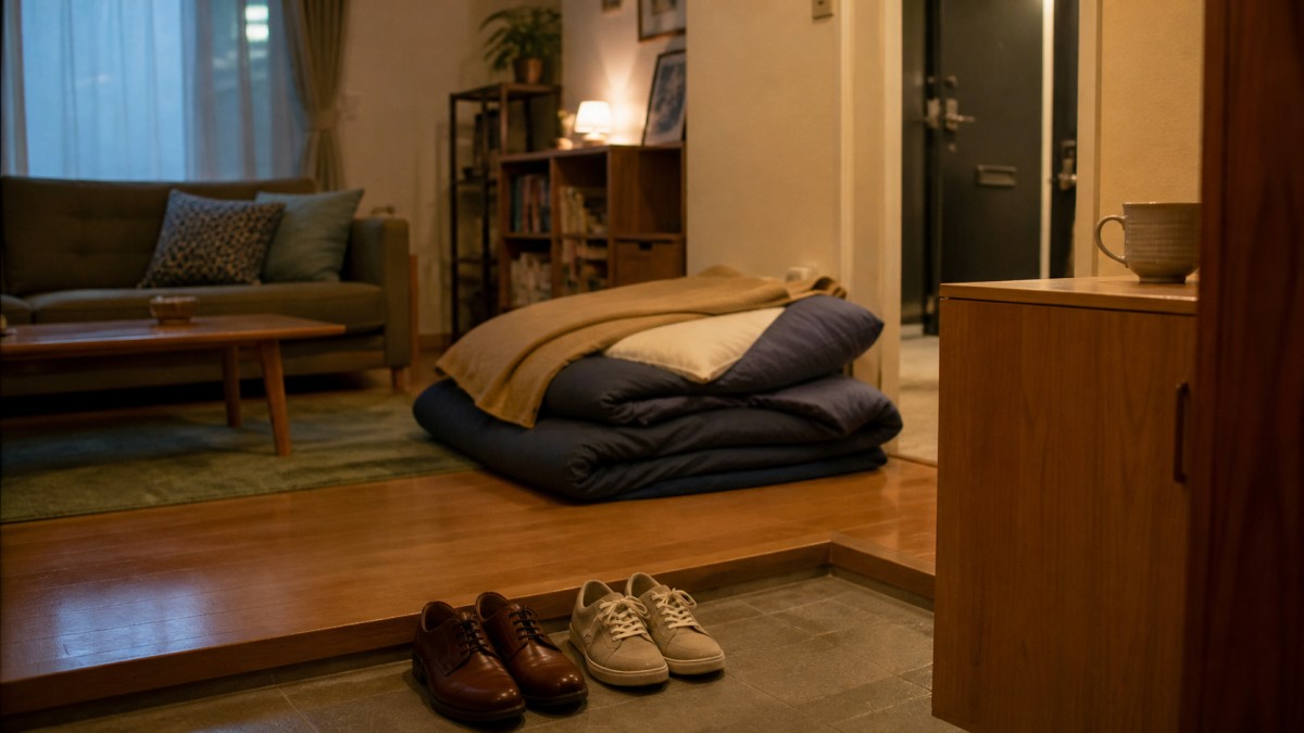 二人分の靴と客用布団がある夜の部屋