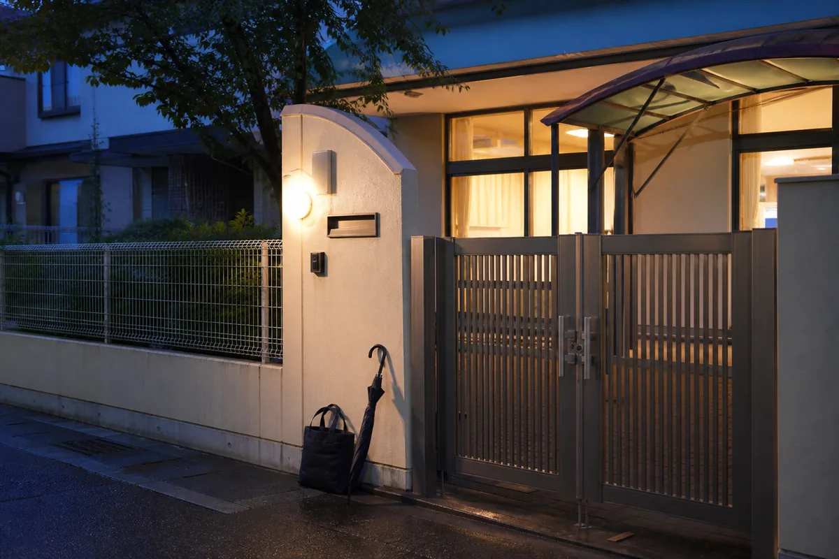 夕方の保育園の門と送迎用自転車