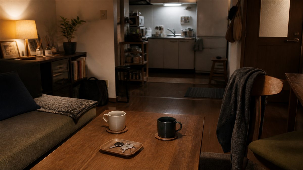 二人分のマグカップと鍵が置かれた夜の共同生活の部屋